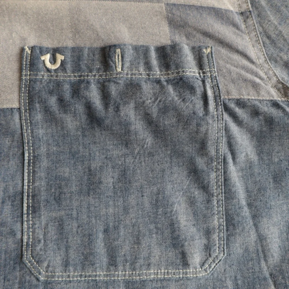True Religion Mens Patchwork Chambray Denim Button Down Shirt Slim 3XL Blue